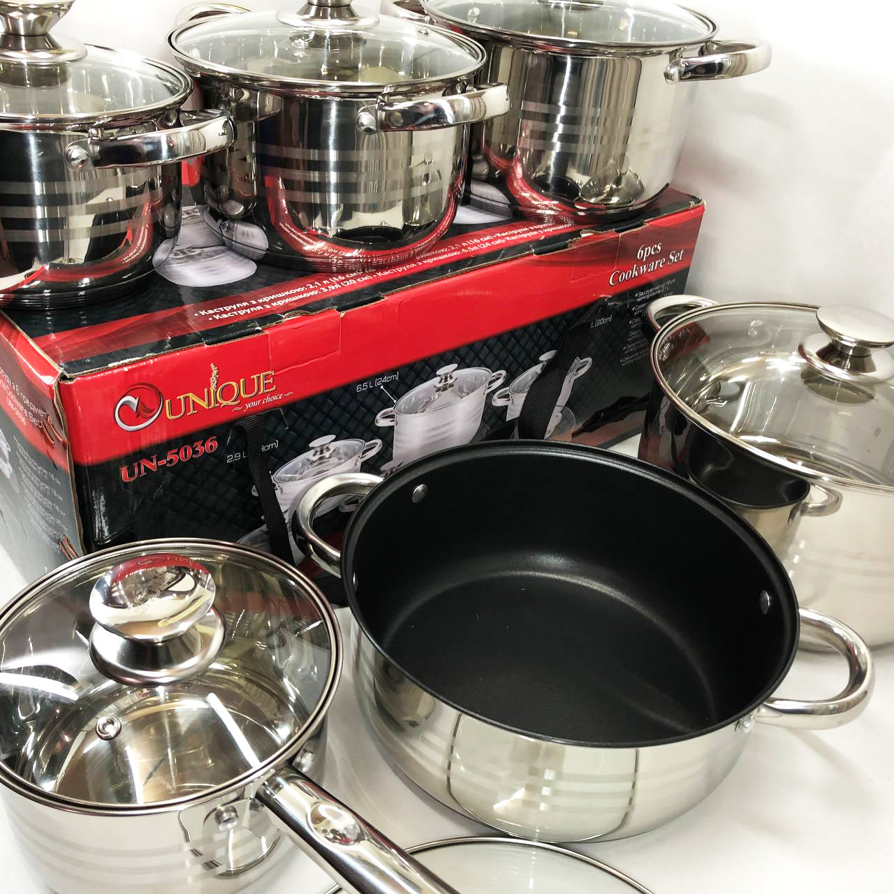 Набор посуды UNIQUE UN-5036 из нержавеющей стали с толстым 5-ти слойным дном с крышками стеклянными 12 предметов