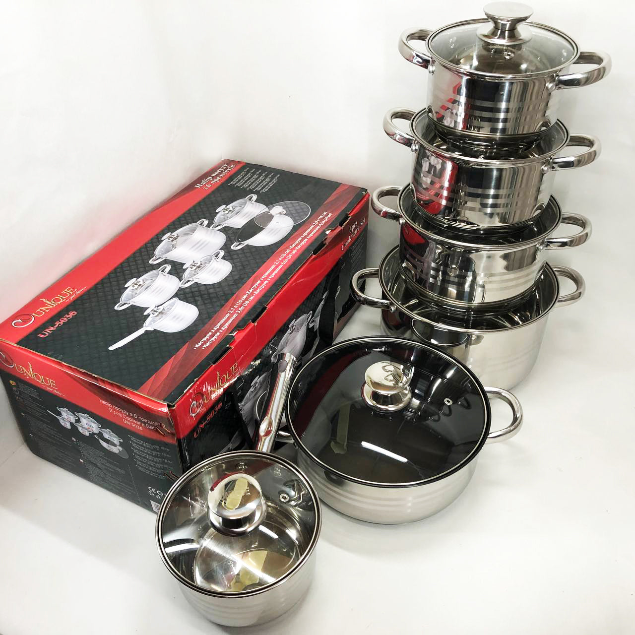 Набор посуды UNIQUE UN-5036 из нержавеющей стали с толстым 5-ти слойным дном с крышками стеклянными 12 предметов