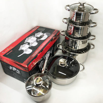 Набор посуды UNIQUE UN-5036 из нержавеющей стали с толстым 5-ти слойным дном с крышками стеклянными 12 предметов