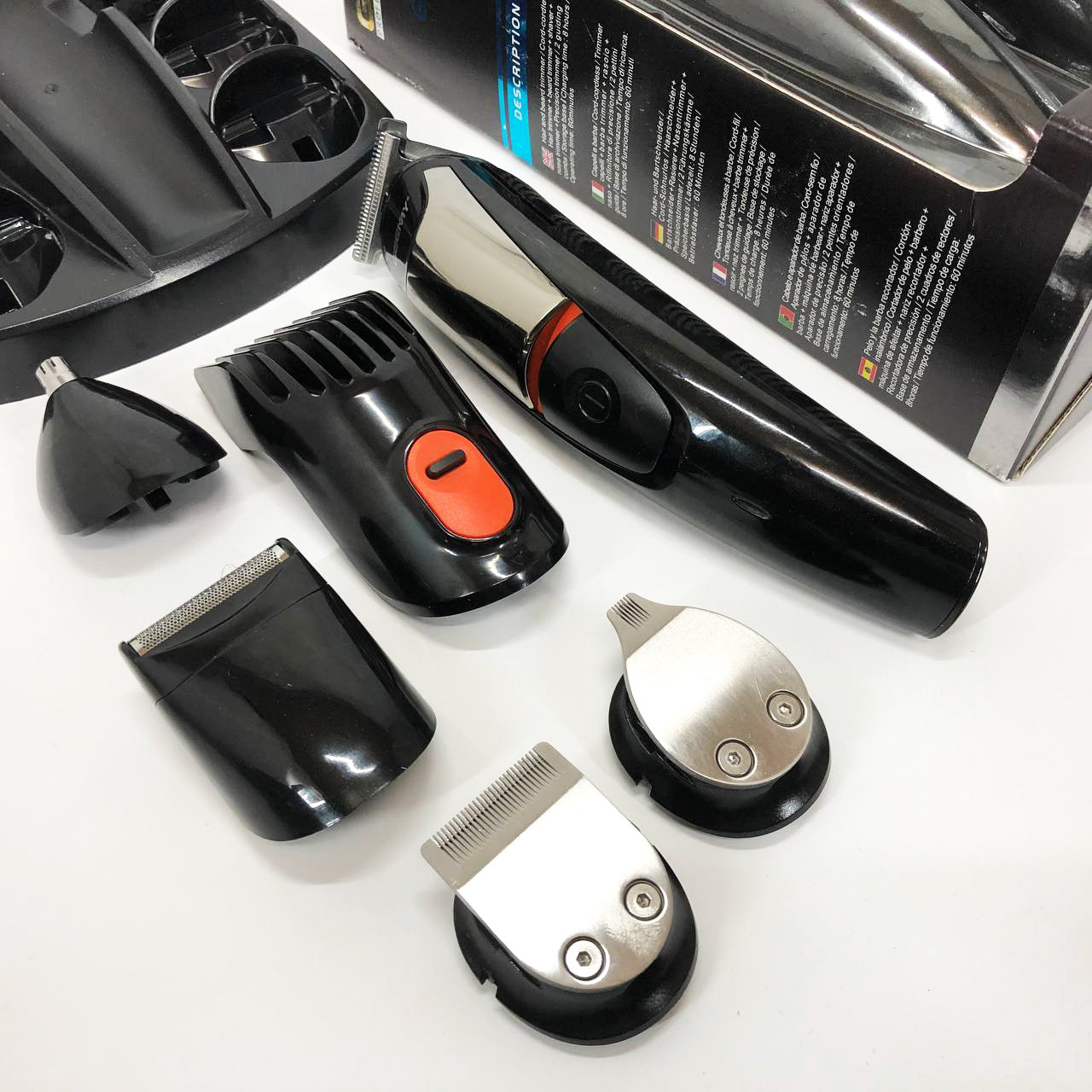 Машинка для стрижки 5в1 Geemy GM-853 стайлер, бритва, триммер на аккумуляторе нержавеющая сталь 6 насадок