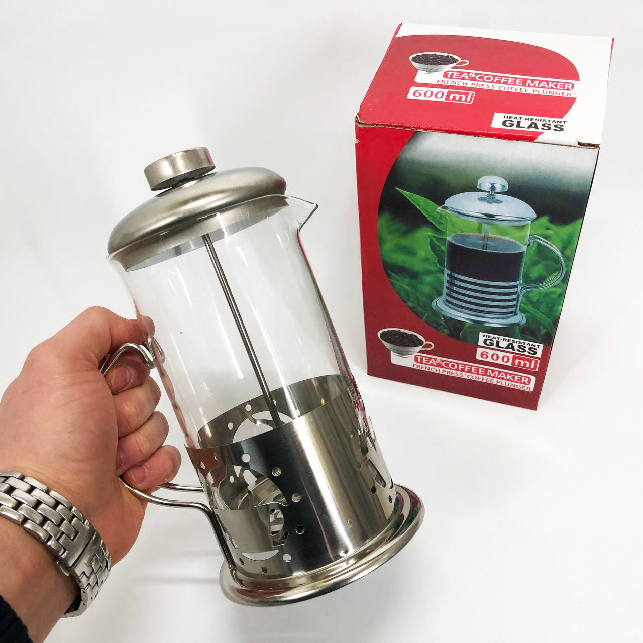 Френч-пресс заварник металлический корпус UNIQUE UN-1152 600 мл, Стеклянный заварочный чайник для чая