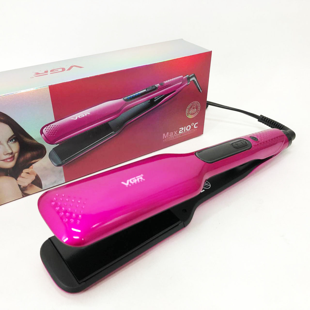 Широкий утюжок для выпрямления волос VGR V-506 мощностью 55 Вт с LED дисплеем 130-210 градусов розовый