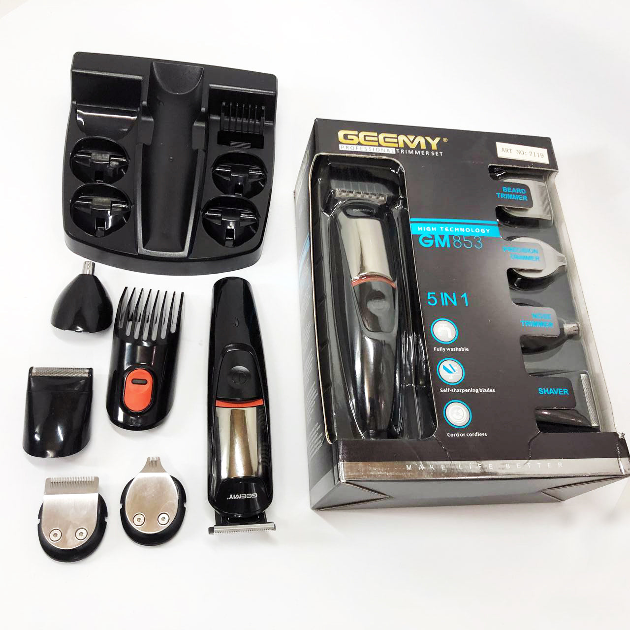 Машинка для стрижки 5в1 Geemy GM-853 стайлер, бритва, триммер на аккумуляторе нержавеющая сталь 6 насадок