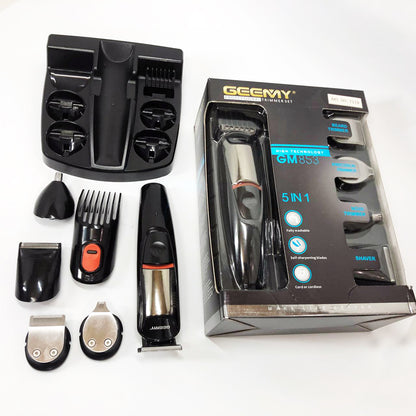 Машинка для стрижки 5в1 Geemy GM-853 стайлер, бритва, триммер на аккумуляторе нержавеющая сталь 6 насадок