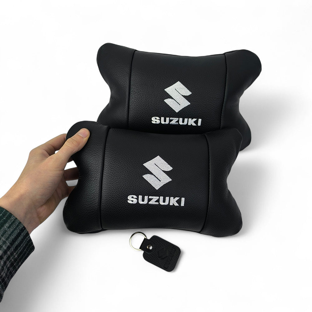 Набор кожаных подушек Suzuki с вышивкой логотипа + брелок в подарок для авто