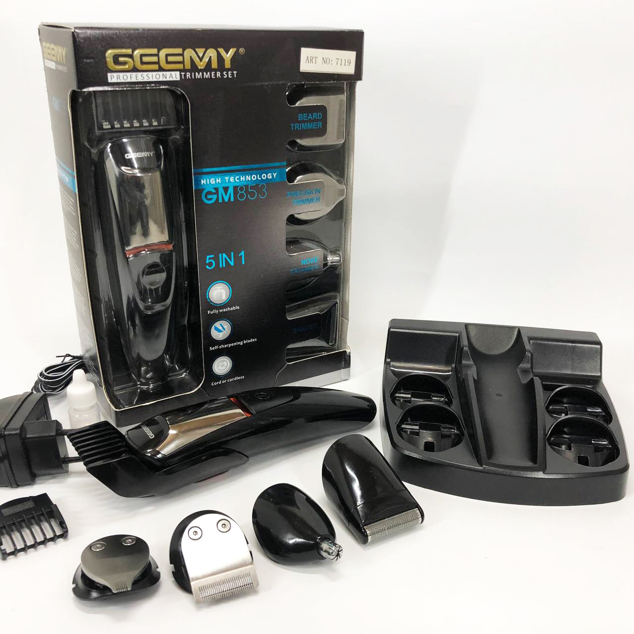 Машинка для стрижки 5в1 Geemy GM-853 стайлер, бритва, триммер на аккумуляторе нержавеющая сталь 6 насадок