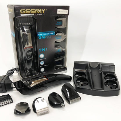Машинка для стрижки 5в1 Geemy GM-853 стайлер, бритва, триммер на аккумуляторе нержавеющая сталь 6 насадок