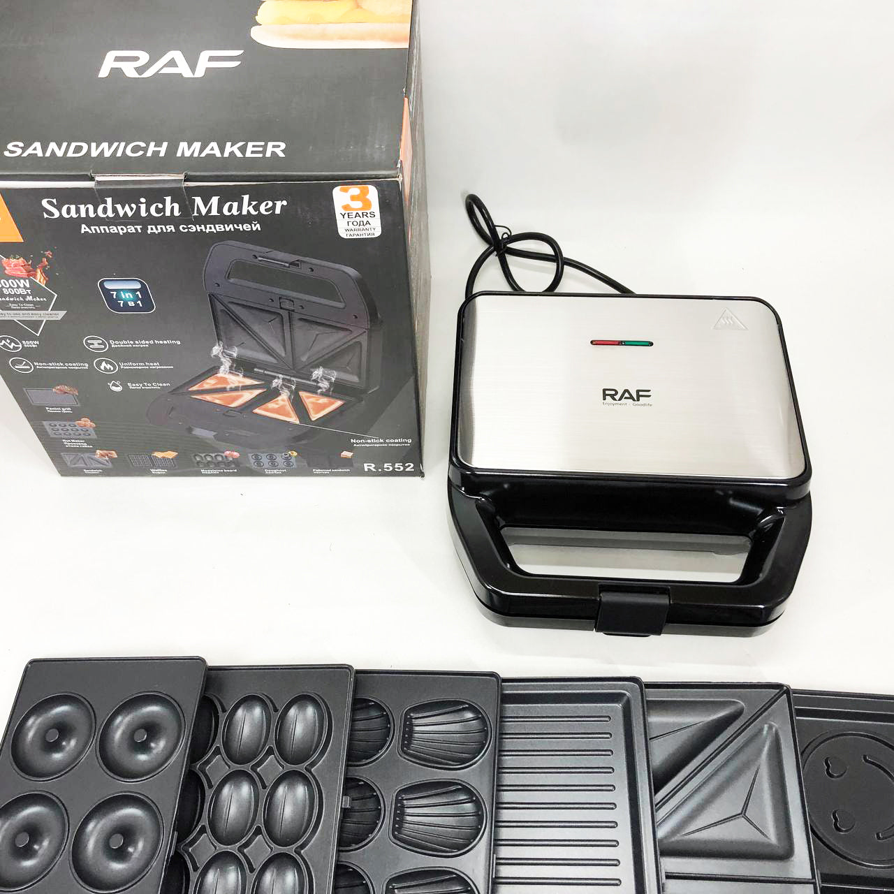 Мультимейкер RAF R.552 – 7 в 1: вафельница, гриль, сэндвичница, пончики, орешки, кексы, печенье, 800 Вт