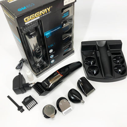 Машинка для стрижки 5в1 Geemy GM-853 стайлер, бритва, триммер на аккумуляторе нержавеющая сталь 6 насадок