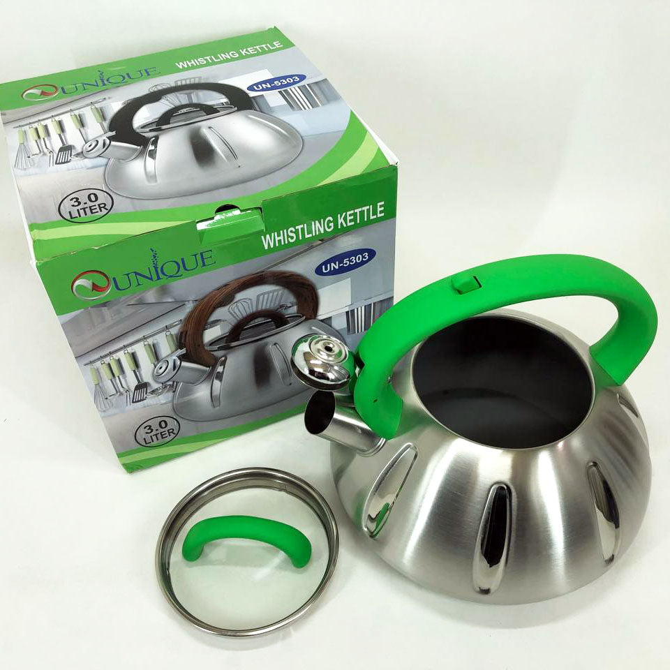 Чайник со свистком Unique UN-5303 кухонный на 3 литра, Чайник нержавейка со свистком. Цвет: зеленый