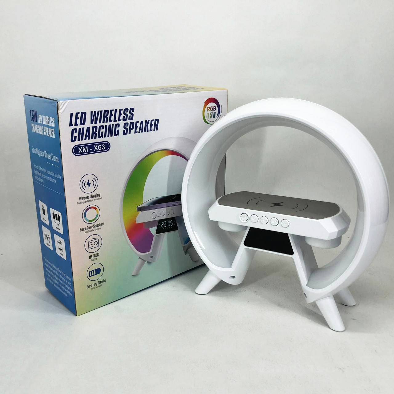 LED Лампа ночник с беспроводной зарядкой и Bluetooth динамиком G-Lite XM-X63, Часы хамелеон с будильник