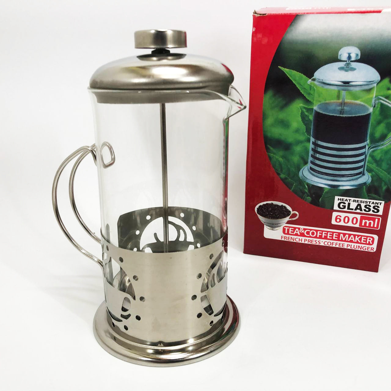 Френч-пресс заварник металлический корпус UNIQUE UN-1152 600 мл, Стеклянный заварочный чайник для чая