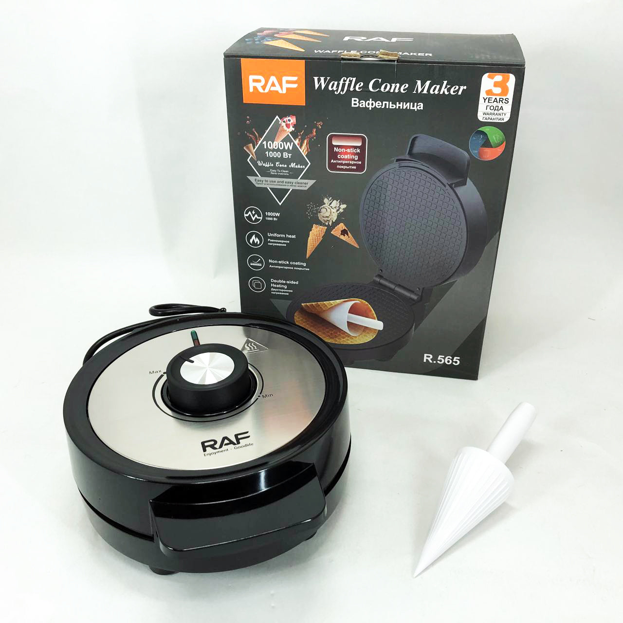 Электрическая вафельница RAF R.565 с антипригарным покрытием и конусом для трубочек