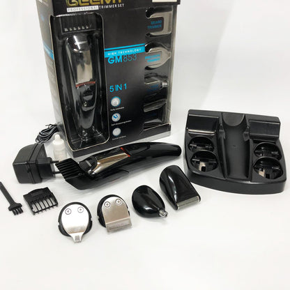 Машинка для стрижки 5в1 Geemy GM-853 стайлер, бритва, триммер на аккумуляторе нержавеющая сталь 6 насадок