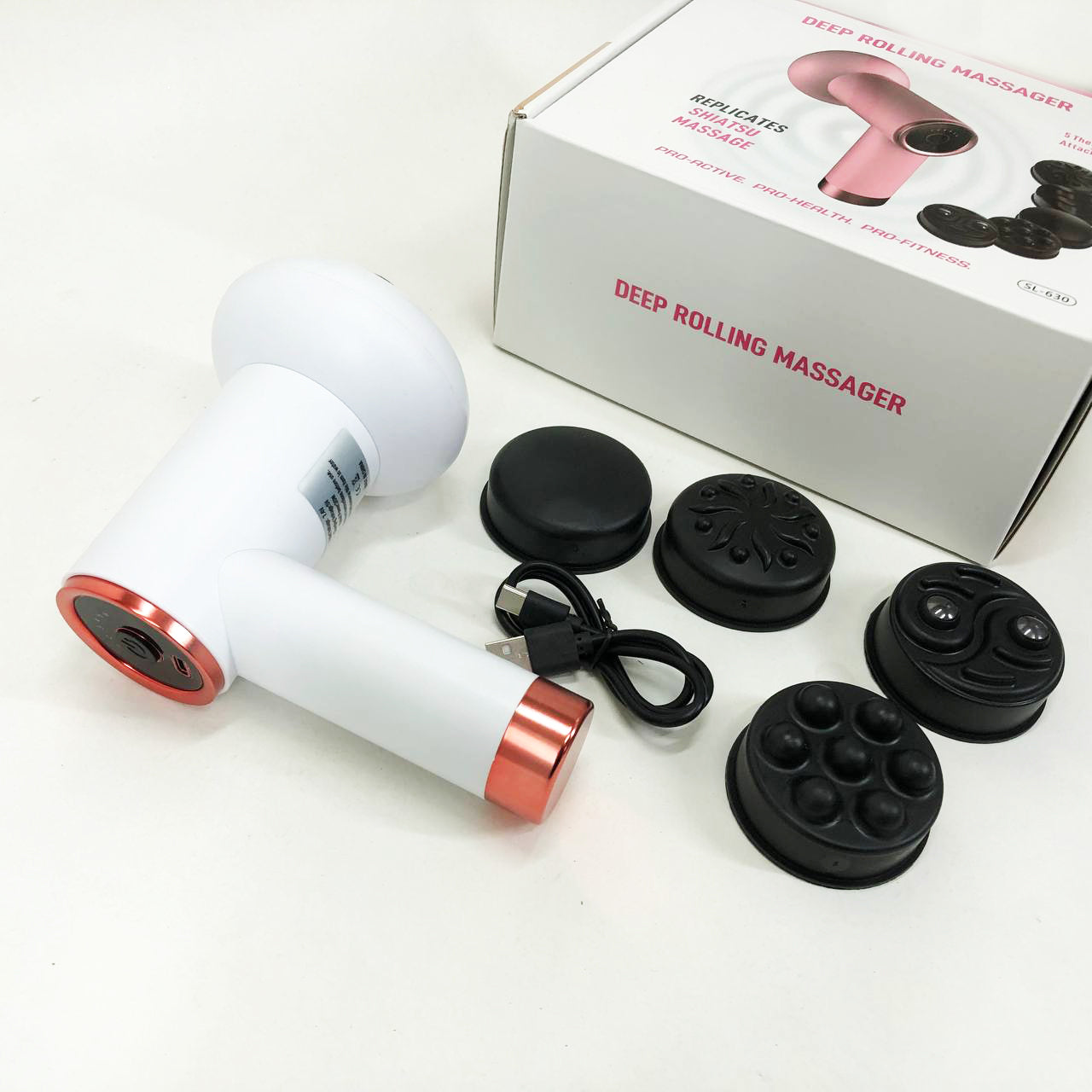 Массажер антицеллюлитный для тела рук и ног 4 насадки 6 скоростей Deep Rolling Massager. Цвет: белый