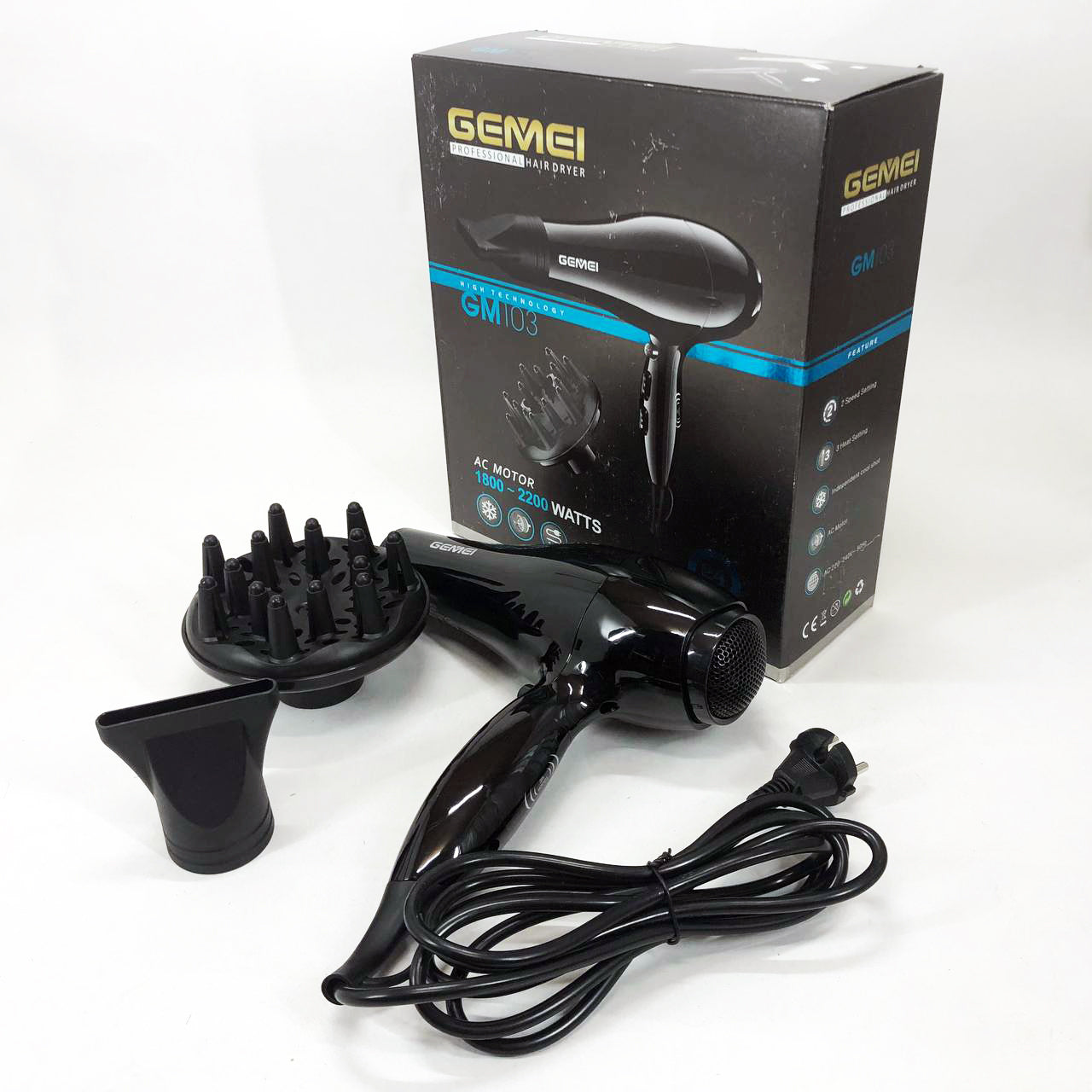 Професійний фен Gemei GM-103 2200Вт для сушіння укладання волосся режими швидкості, температури, сенсор