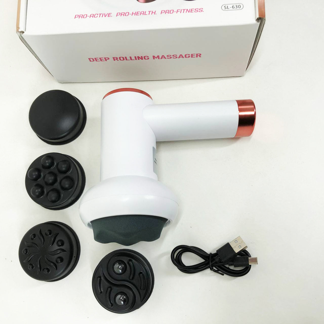 Массажер антицеллюлитный для тела рук и ног 4 насадки 6 скоростей Deep Rolling Massager. Цвет: белый