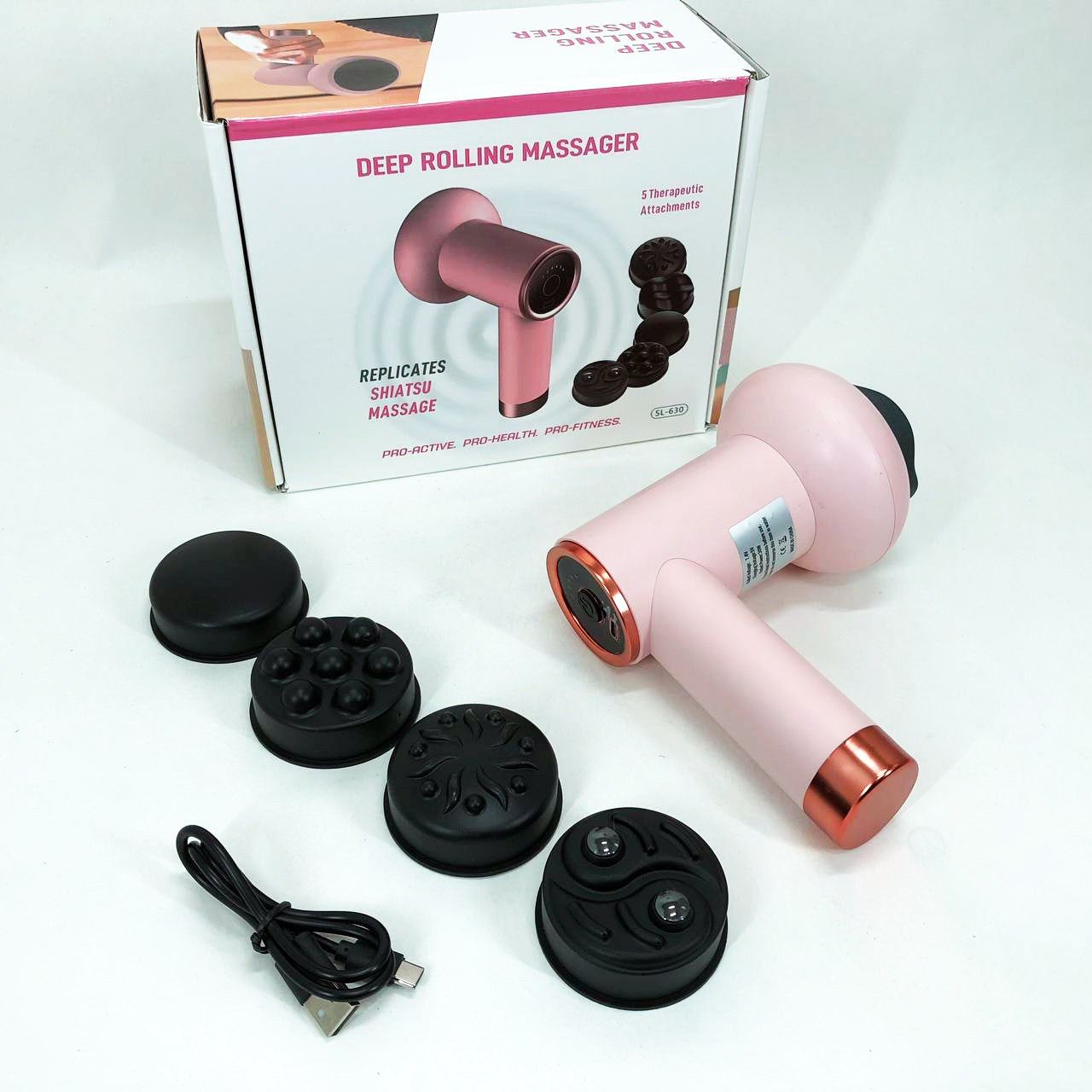 Массажер антицеллюлитный для тела рук и ног 4 насадки 6 скоростей Deep Rolling Massager. Цвет: розовый