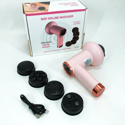 Массажер антицеллюлитный для тела рук и ног 4 насадки 6 скоростей Deep Rolling Massager. Цвет: розовый