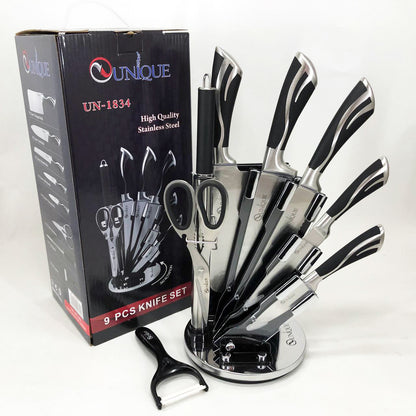 Набор ножей UNIQUE UN-1834 с вращающейся подставкой 9 предметов, Ножи кухонные из нержавеющей стали