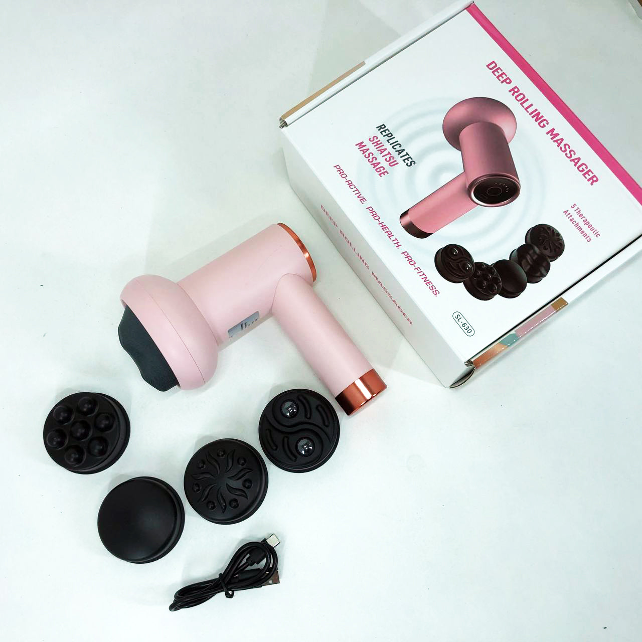 Массажер антицеллюлитный для тела рук и ног 4 насадки 6 скоростей Deep Rolling Massager. Цвет: розовый