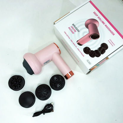 Массажер антицеллюлитный для тела рук и ног 4 насадки 6 скоростей Deep Rolling Massager. Цвет: розовый