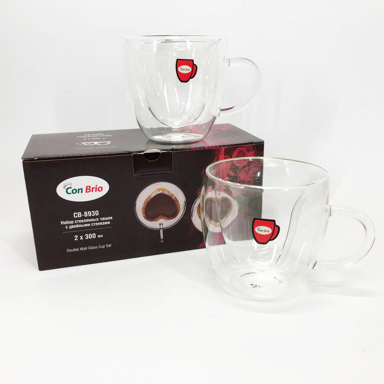 Набір скляних чашок із подвійними стінками (серце) Con Brio СВ-8930-2, 2шт, 300мл