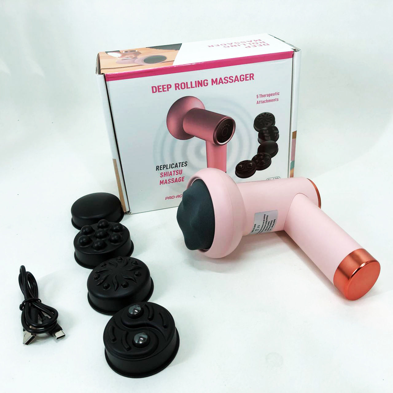 Массажер антицеллюлитный для тела рук и ног 4 насадки 6 скоростей Deep Rolling Massager. Цвет: розовый