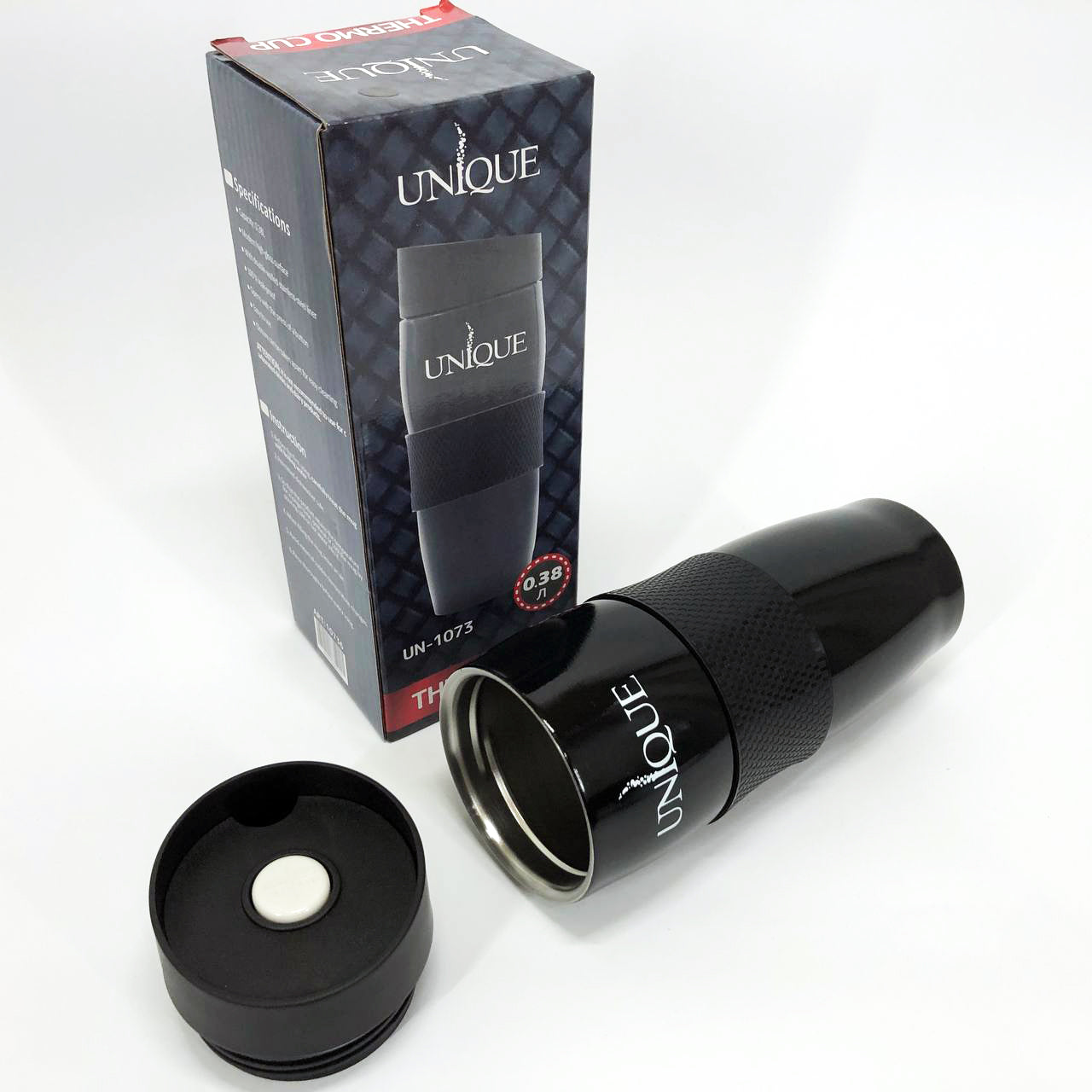 Термокружка UNIQUE UN-1073 0.38 л, Термос для питьевой воды туристический. Цвет: черный