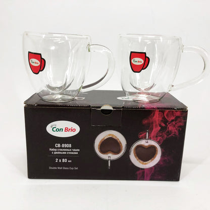 Набір скляних чашок із подвійними стінками (серце) Con Brio СВ-8908-2, 2шт, 80мл