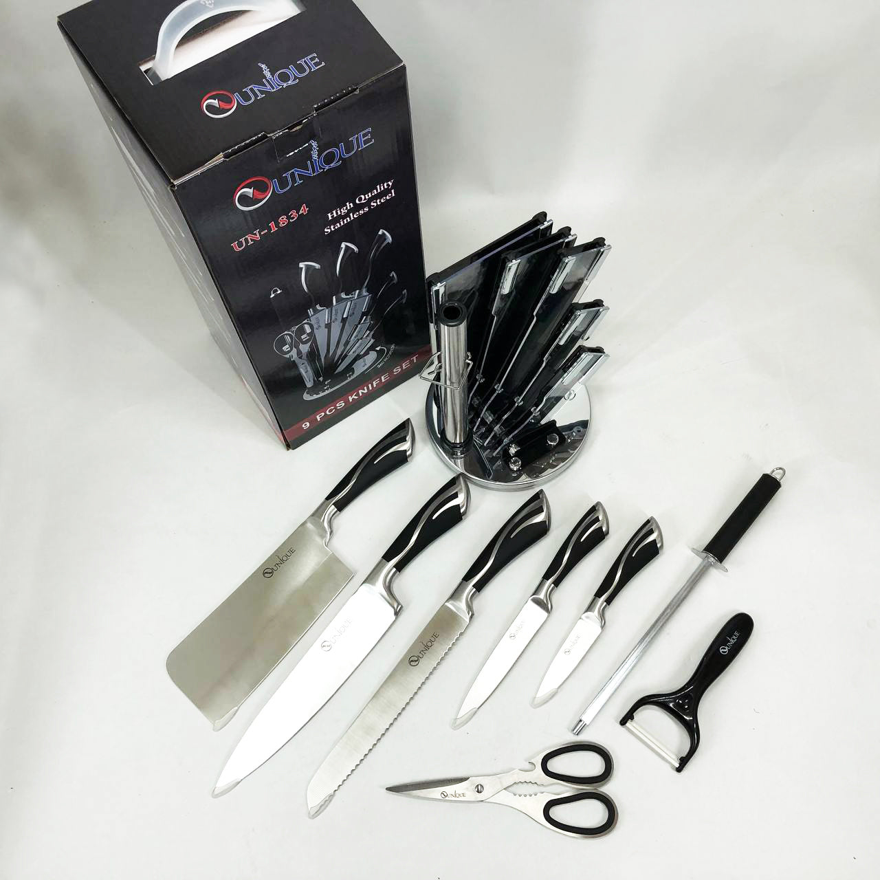 Набор ножей UNIQUE UN-1834 с вращающейся подставкой 9 предметов, Ножи кухонные из нержавеющей стали