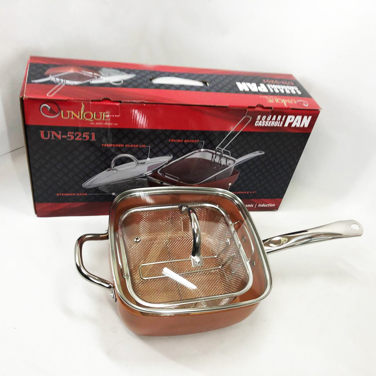Сковорода-фритюрница UNIQUE UN-5251 квадратная антипригарная с пароваркой и кастрюлей + стеклянная крышка 24 см