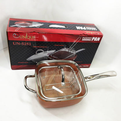 Сковорода-фритюрница UNIQUE UN-5251 квадратная антипригарная с пароваркой и кастрюлей + стеклянная крышка 24 см