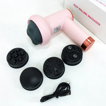 Массажер антицеллюлитный для тела рук и ног 4 насадки 6 скоростей Deep Rolling Massager. Цвет: розовый