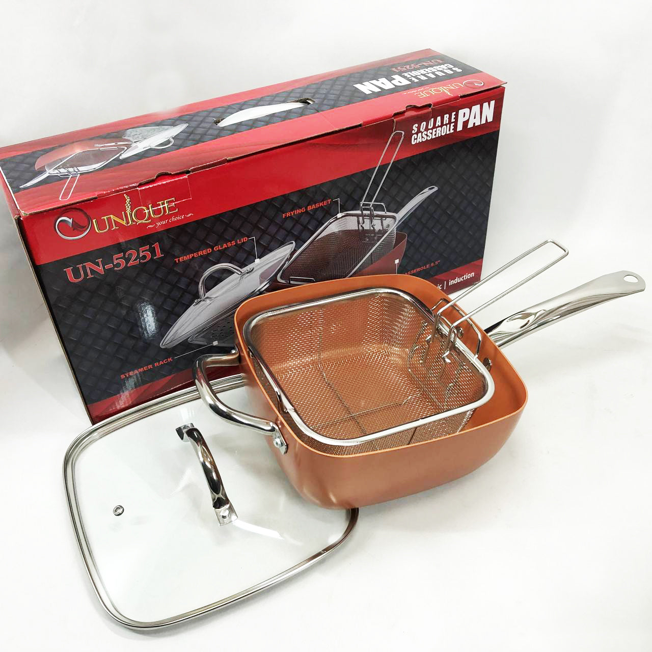 Сковорода-фритюрница UNIQUE UN-5251 квадратная антипригарная с пароваркой и кастрюлей + стеклянная крышка 24 см