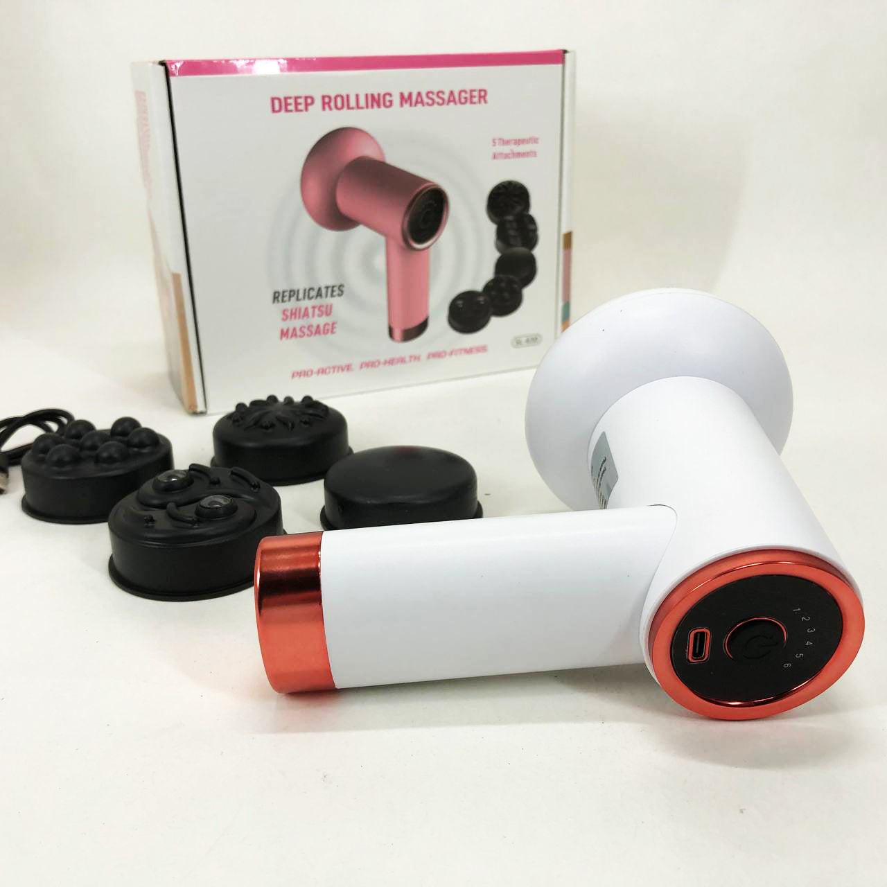 Массажер антицеллюлитный для тела рук и ног 4 насадки 6 скоростей Deep Rolling Massager. Цвет: белый