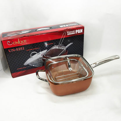 Сковорода-фритюрница UNIQUE UN-5251 квадратная антипригарная с пароваркой и кастрюлей + стеклянная крышка 24 см