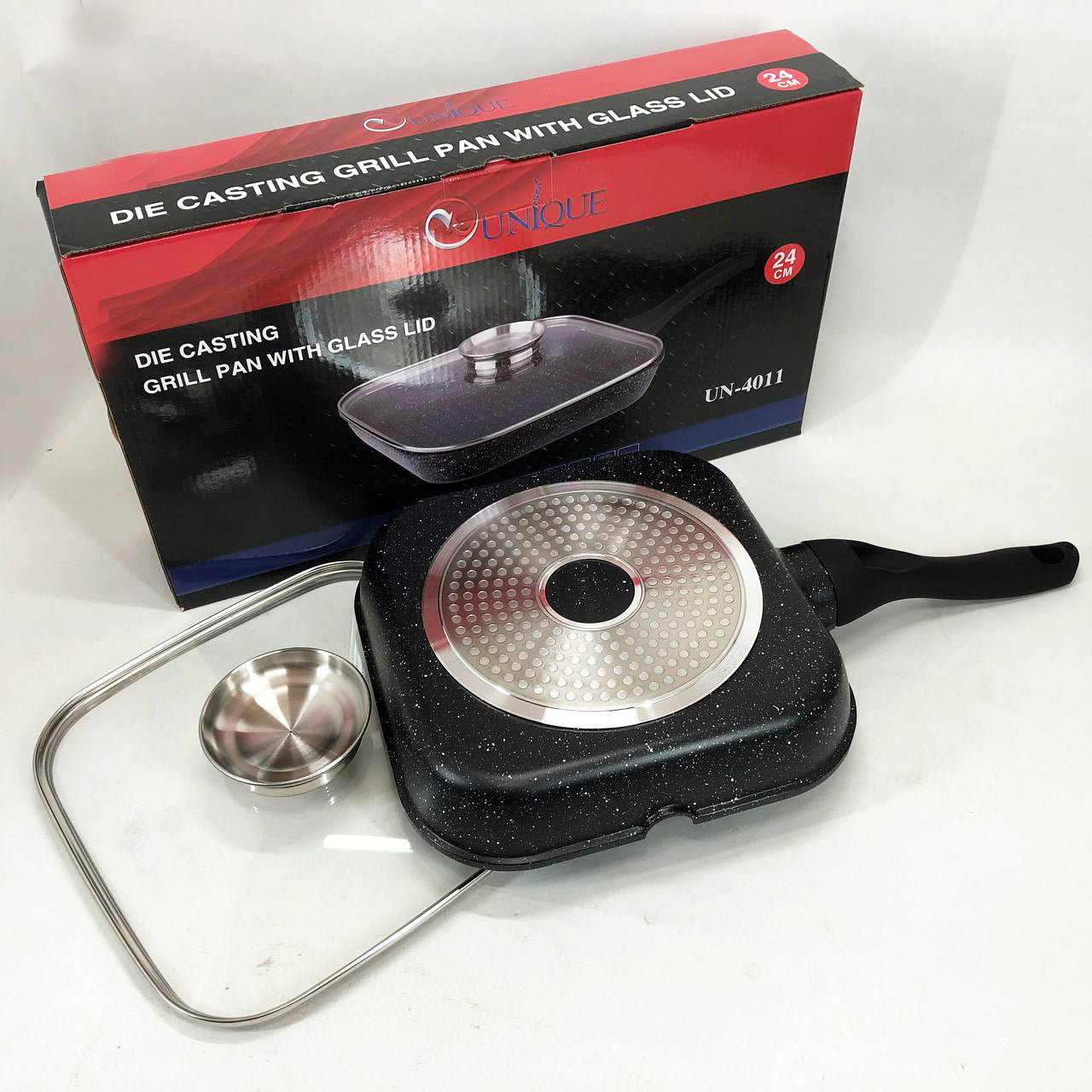 Сковорода-гриль Unique UN-4011 с крышкой 24 см, Сковорода для приготовления на плите с толстым дном