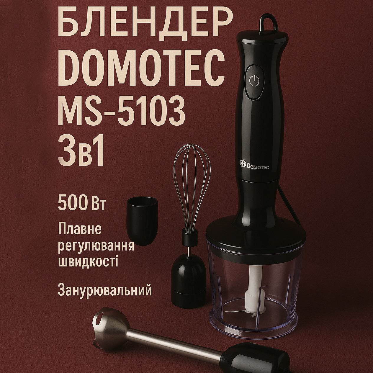 Блендер DOMOTEC MS-5103 3в1 погружной, 500 Вт, ручной погружной блендер, электрический блендер