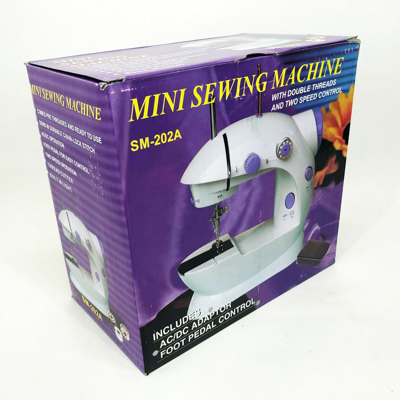 Мини швейная машинка FHSM 202 4 в 1 с педалью и подсветкой + адаптер 220V, Швейная машина для детей