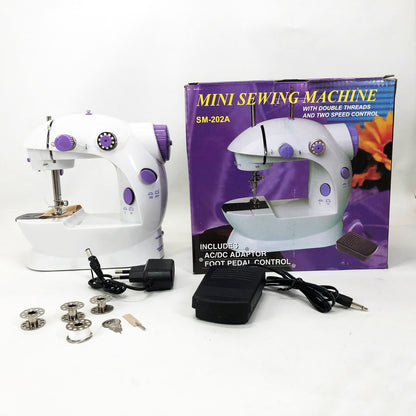 Мини швейная машинка FHSM 202 4 в 1 с педалью и подсветкой + адаптер 220V, Швейная машина для детей
