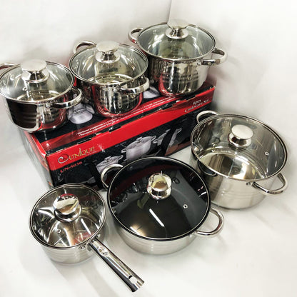 Набор посуды UNIQUE UN-5036 из нержавеющей стали с толстым 5-ти слойным дном с крышками стеклянными 12 предметов