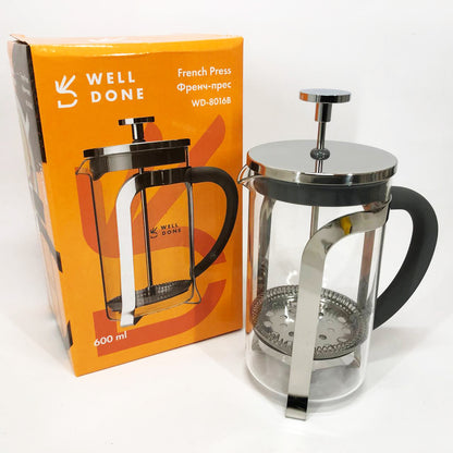 Френч-пресс Well Done WD-8016B с ручкой soft-touch 600 мл, Френч пресс стеклянный на кухню