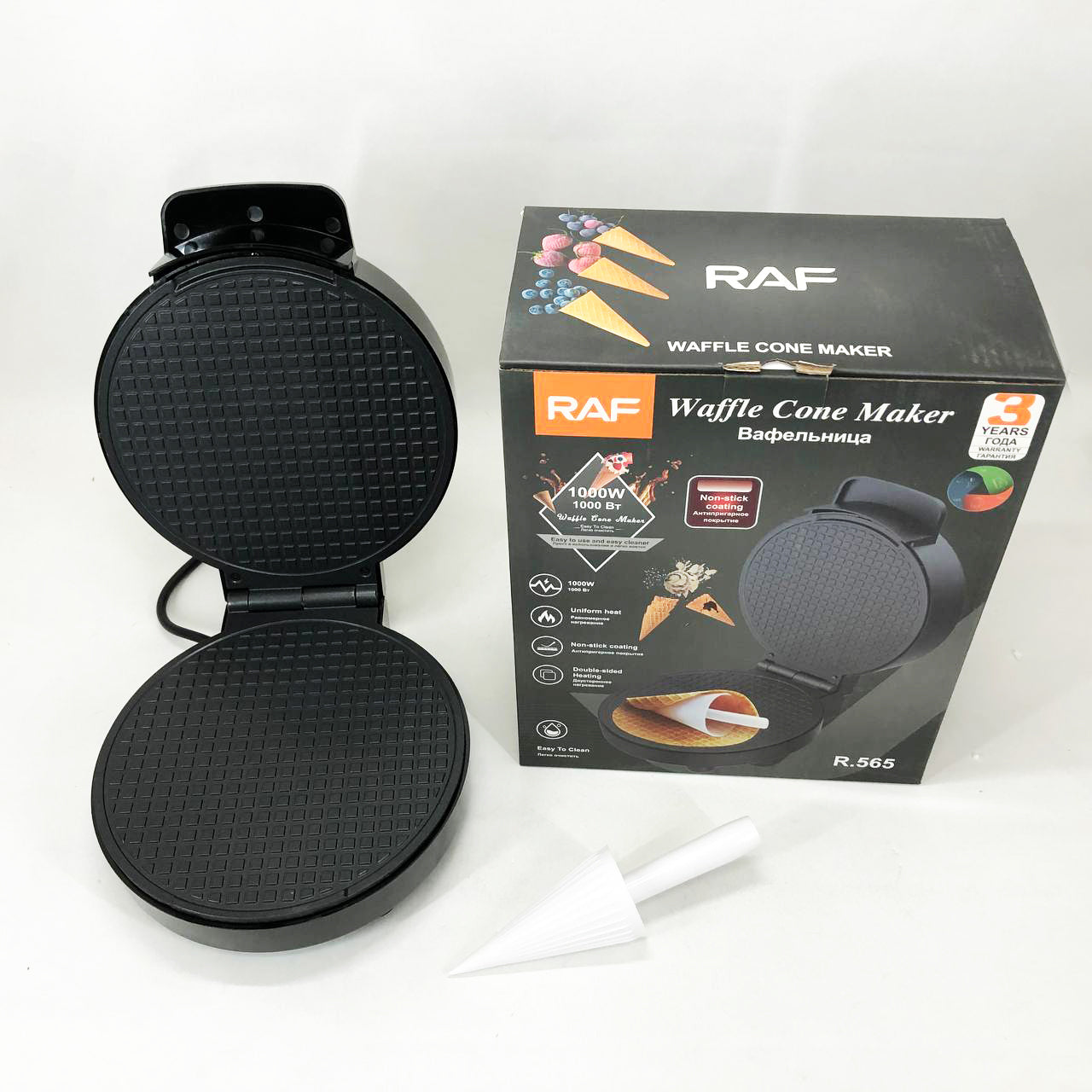Электрическая вафельница RAF R.565 с антипригарным покрытием и конусом для трубочек