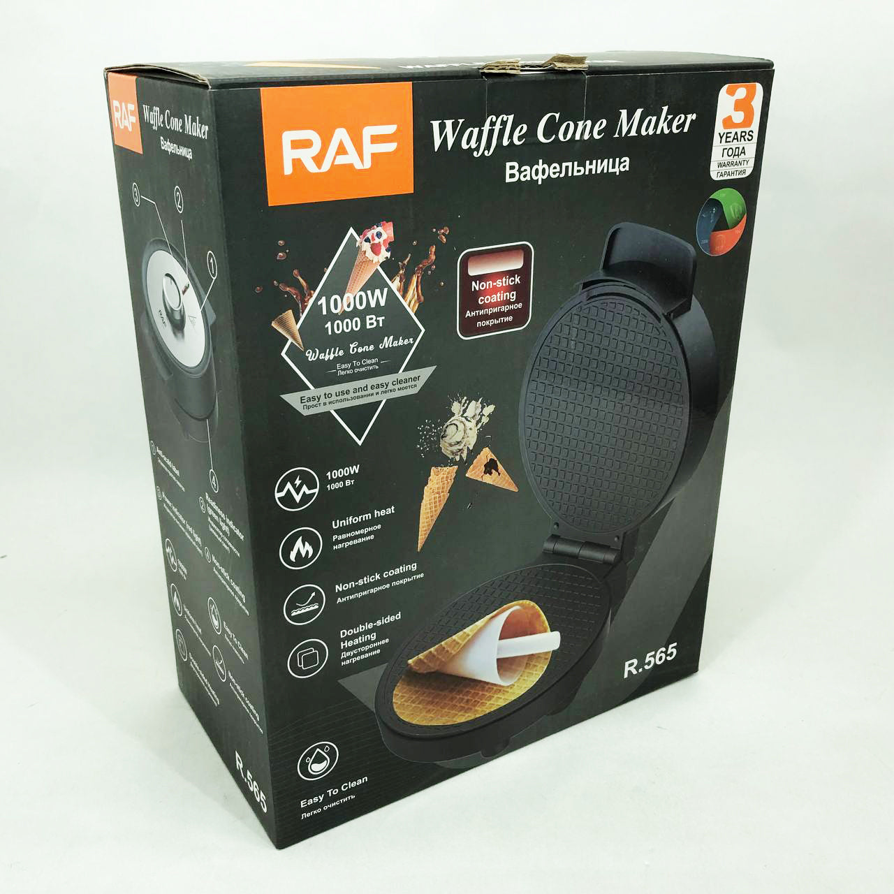 Электрическая вафельница RAF R.565 с антипригарным покрытием и конусом для трубочек