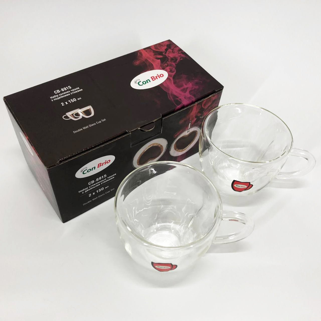 Набор чашек с двойными стенками 2 шт 150 мл Con Brio CB 8915-2, Стеклянные чашки с двойным дном