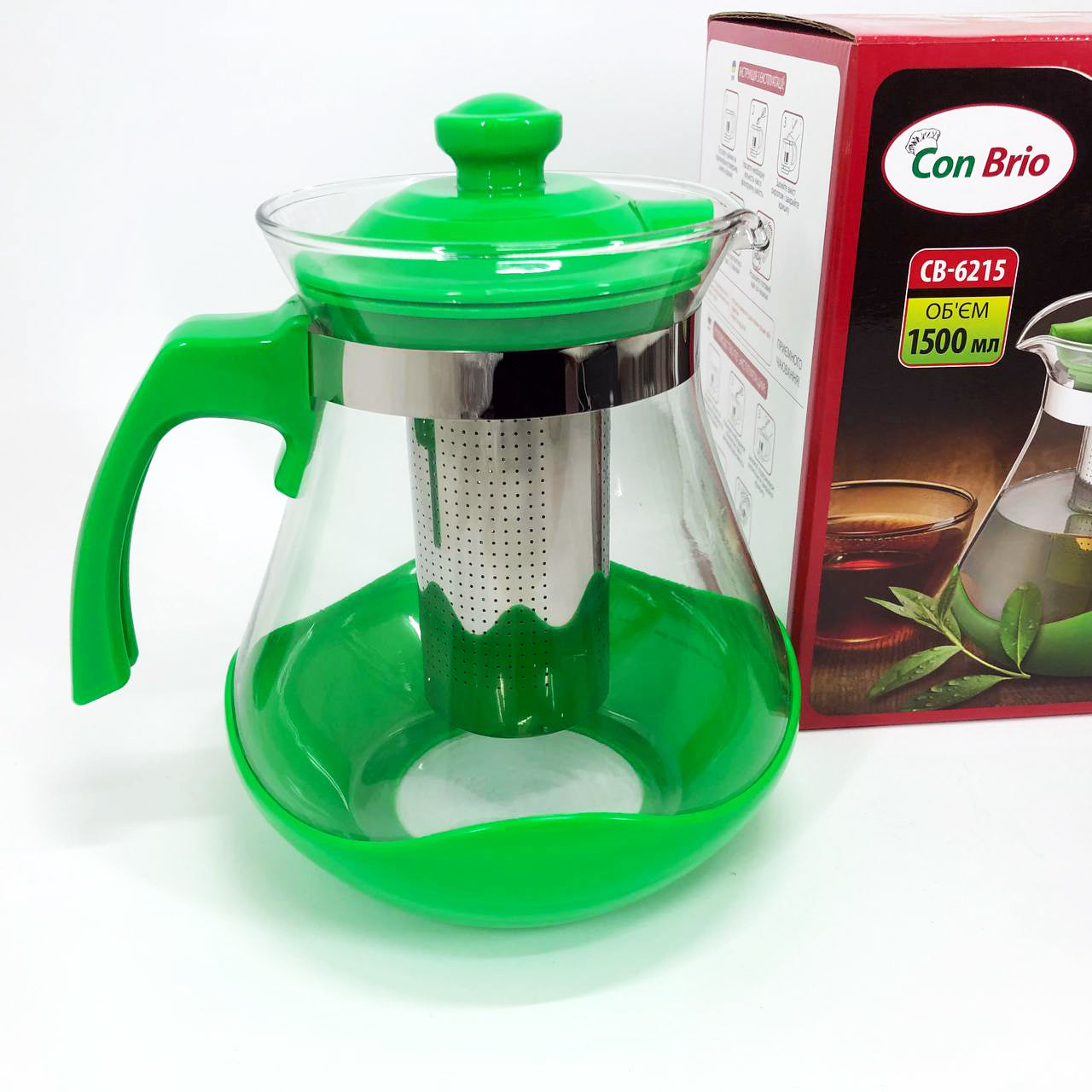 Чайник заварочный Con Brio Green CB-6215 1,5 л, Чайник самовар стеклянный. Цвет: зеленый