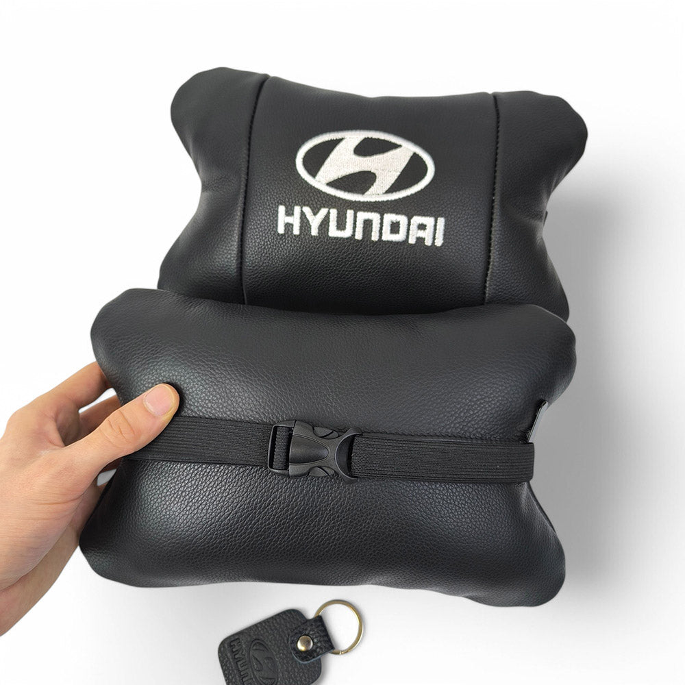Набор подушек для авто Hyundai 2шт, натуральная кожа, черный цвет, комфортные подголовники в автомобиль