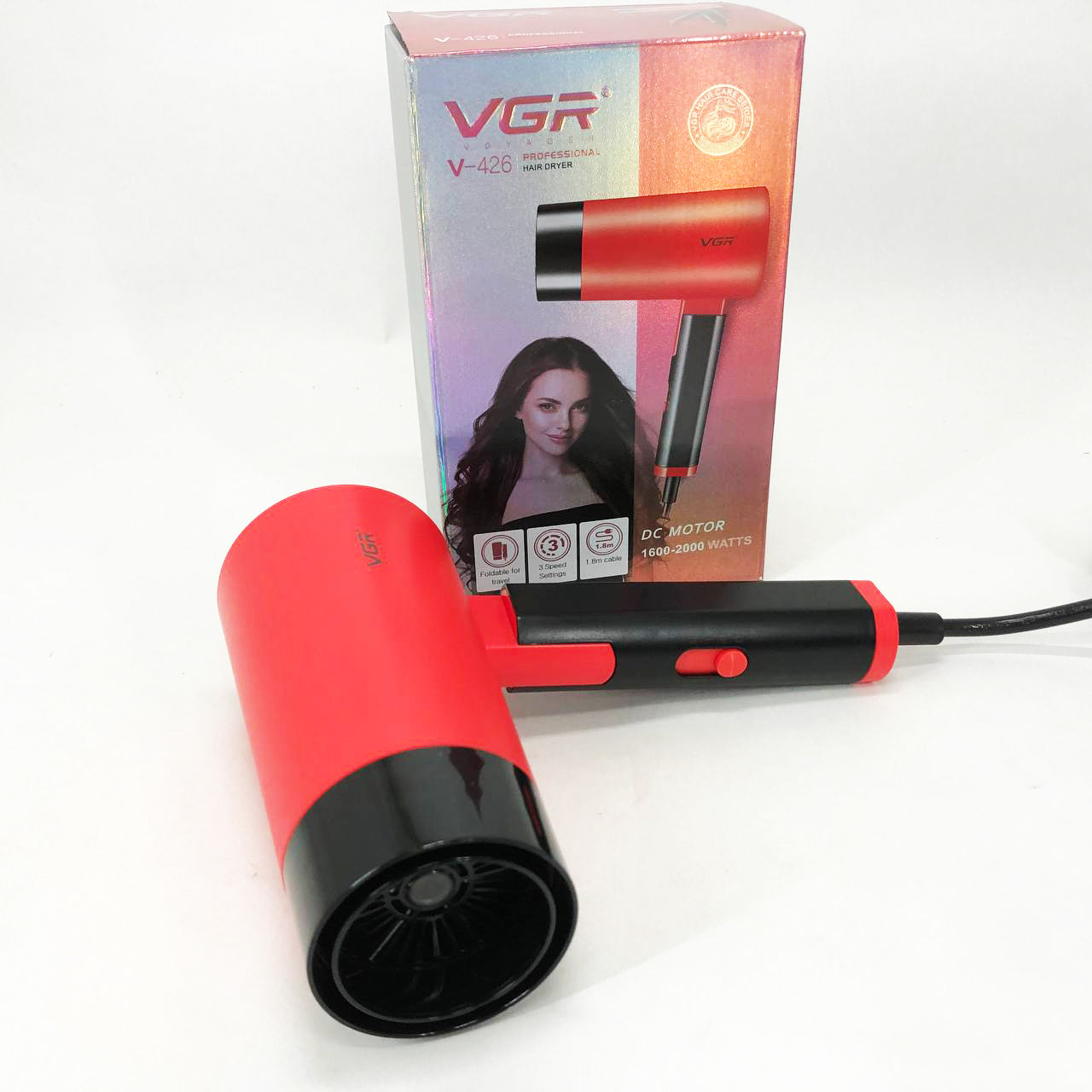 Фен со складной ручкой для волос VGR V-426 2000Вт, Стильный фен для укладки волос. Цвет: красный