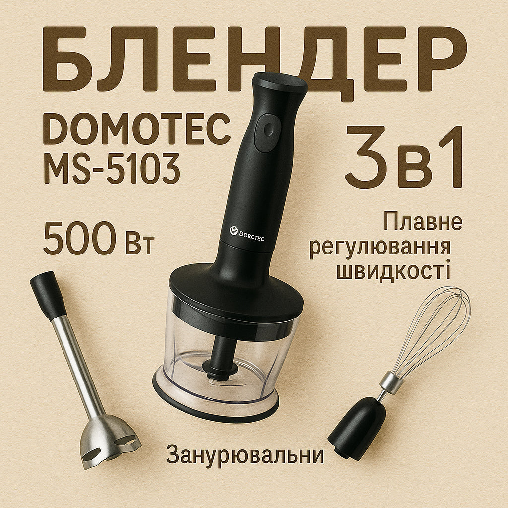 Блендер DOMOTEC MS-5103 3в1 погружной, 500 Вт, ручной погружной блендер, электрический блендер